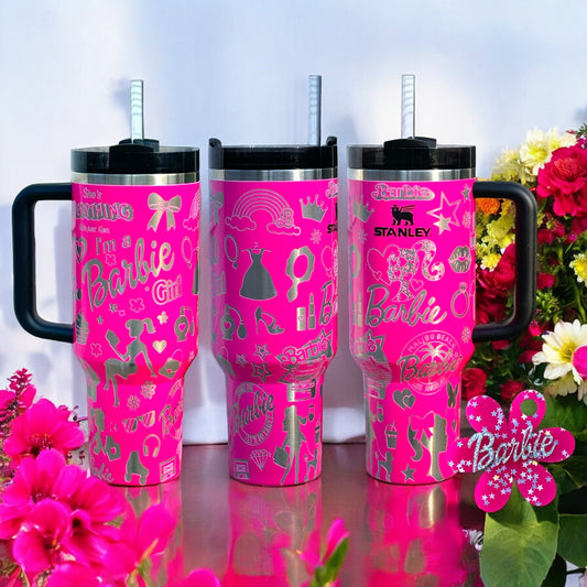 CUSTOM LASER ENGRAVED BARBIE STANLEY 40oz FLOWSTATE QUENCHER - ELECTRIC PINK